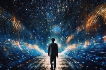 Business man walking to hi-tech city, concept for start a new job or opportunity, Generative AI