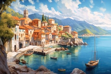 Fototapeta na wymiar illustration of small coastal village in the Italian , european , Generative AI