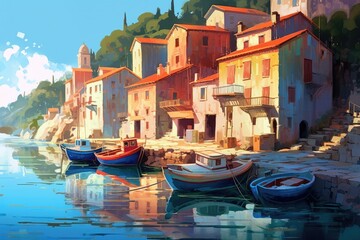 illustration of small coastal village in the Italian , european , Generative AI