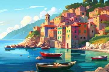 illustration of small coastal village in the Italian , european , Generative AI - obrazy, fototapety, plakaty