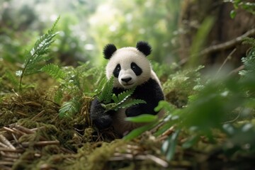 Fototapeta premium Illustration of loving and cute panda in the forest, Generative AI