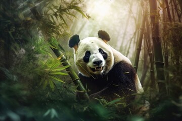Obraz na płótnie Canvas Illustration of loving and cute panda in the forest, Generative AI
