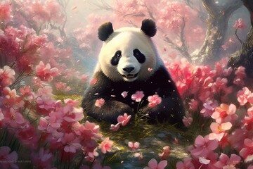 Illustration of loving and cute panda in the forest, Generative AI