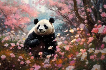 Illustration of loving and cute panda in the forest, Generative AI