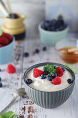 A bowl with Greek yogurt with berries	