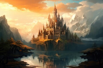 Illustration of fantasy art, fantasy world and castle , Generative AI