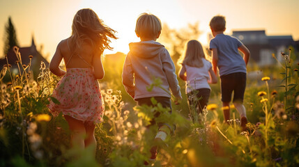 Happy Children Playing Outdoors. Generative Ai