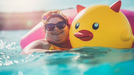 Cheerful plus size middle age woman with inflatable toy animal in the blue water of the swimming pool. Concept of summer, leisure, recreation. Generative AI.