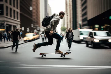 Fotobehang Young afro american man in skateboard at street. Generative AI illustration. © Marcela Ruty Romero