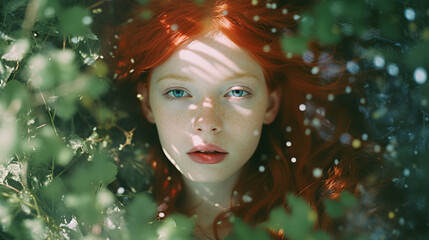 Red-haired girl with blue eyes in magical natural environment. AI-generated art.