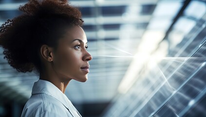  smart scientist woman portrait with modern building, modern city as background, Generative