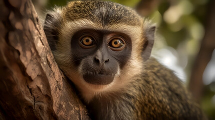 Immerse yourself in the mischievous world of a curious monkey and capture its playful gaze!