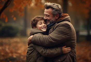 Fototapeta premium father and son hugging in autumn park, Generative Ai