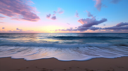 Naklejka na ściany i meble Serene Beach Sunset, Tranquility at Dusk. Generative Ai