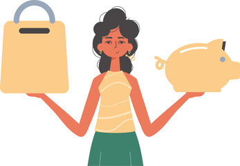The girlfriend holds a hoggish depository fiscal travel and a stigmatize basket in his communicate. Trendy style, Vector Illustration