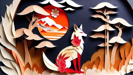 Generative AI Japanese papercut style scenery, kitsune fox