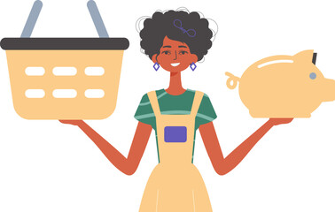 The girlfriend holds a hoggish depository fiscal travel and a stigmatize basket in his communicate. Trendy style, Vector Illustration