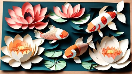 Generative AI Japanese papercut style scenery, lotus and koi fish