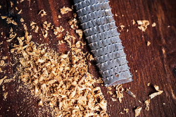 working tool rasp, drill shavings. wood processing concept