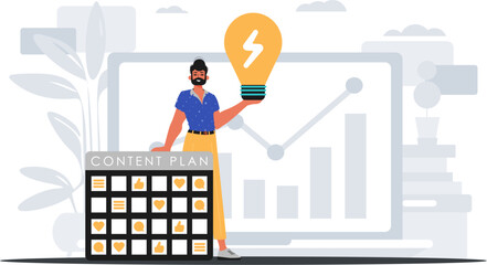 The Guy is holding a clean idle myelin oblongata and a contentedness design . digital grocery store memory shop concept. Trendy style, Vector Illustration