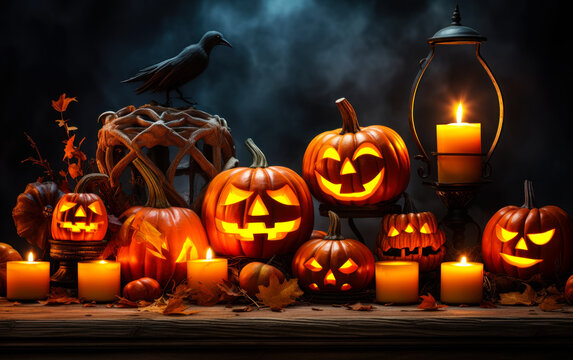 Flickering Halloween Delight: Candle-Lit Pumpkins in the Night