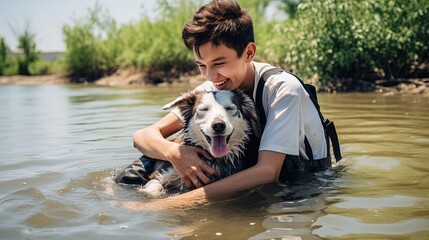 happy boy hugging with dog playing together in river, Generative Ai