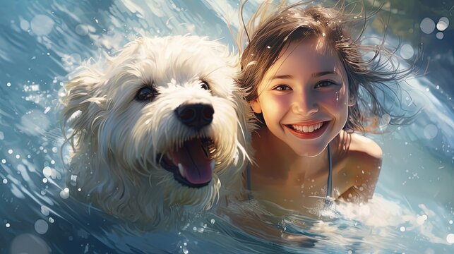 art illustration of girl swimming with dog, Generative Ai