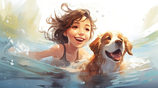 art illustration of girl swimming with dog, Generative Ai