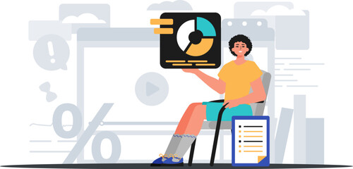 The man sits in a tame and holds a chart with statistic . digital marketplace concept. Trendy style, Vector Illustration