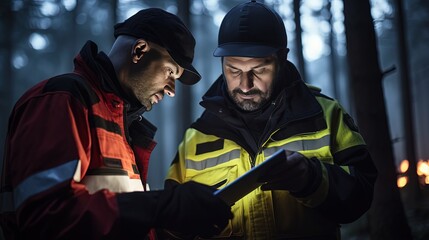 Obraz na płótnie Canvas firefighter rescue team in forest planning on mission using laptop or tablet to calculate and communicate, Generative Ai 