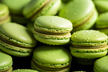 Many green macaron pastry made of whipped egg whites filling the background frame. Selective focus. Generative AI technology