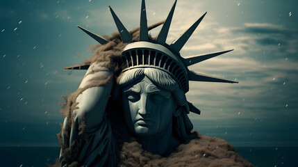 statue of liberty with head in hands, breakdown of society concept - obrazy, fototapety, plakaty