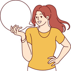 Woman is holding white speech bubble symbolizing good idea or interesting offer.