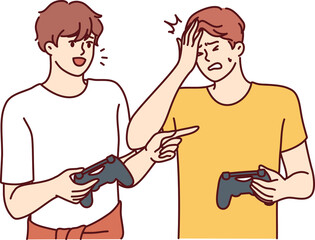 Men play video game and hold joysticks for computer or console during home esports tournament