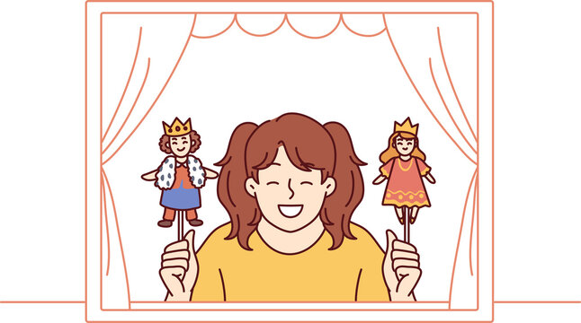 Girl performs in puppet theater showing scene with prince and princess from children story
