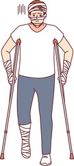 Ill man with bandages on hands and head uses walking aids after being involved in car accident