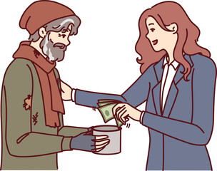 Successful woman helps beggar by giving money for food and lodging to save person