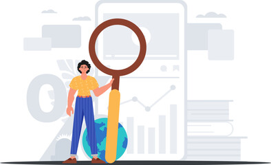 The homo is holding a magnifying glass in his hand . information search concept. Trendy style, Vector Illustration