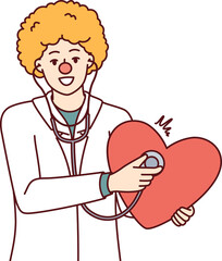 Doctor with clown haircut holds stethoscope and heart to congratulate children on red nose day