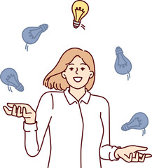 Woman with new ideas juggles light bulbs choosing best option to complete task assigned by manager