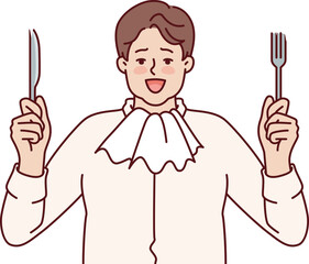 Fat man with napkin around neck holds fork and knife and prepares for hearty dinner and eating