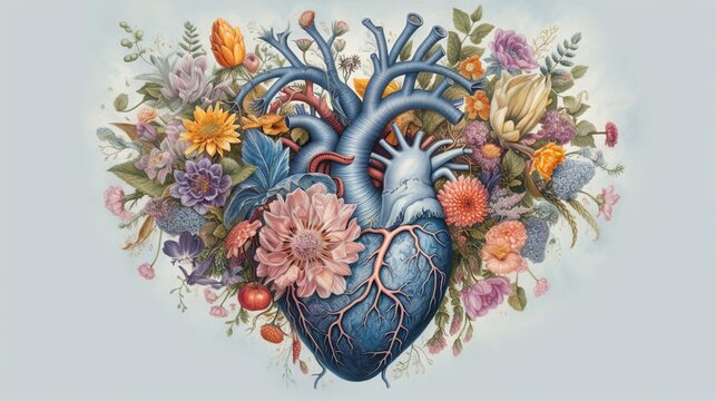 Anatomical heart of flowers and plants in vintage style, Symbol of love, Generative AI