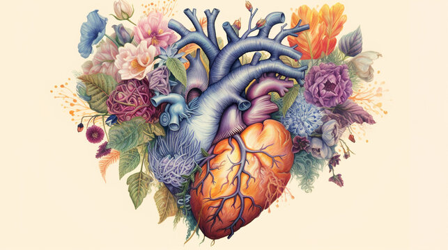 Anatomical heart of flowers and plants in vintage style, Symbol of love, Generative AI