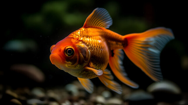 A captivating moment captured in this photograph, showcasing a goldfish swimming gracefully in a beautifully curved pose