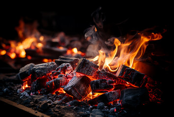 fire burning in a fireplace - obrazy, fototapety, plakaty
