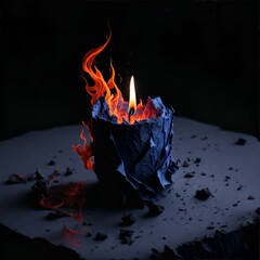 Photo of a burning piece of paper on a table