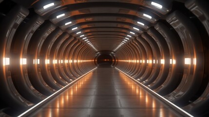 Empty underground tunnel with amber lighting.  