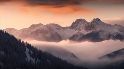 Dawn mist over the snow capped mountains. Generative ai composite.