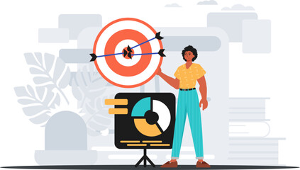 The guy holds in his hand a target with arrow that hit the center . digital selling concept. Trendy style, Vector Illustration