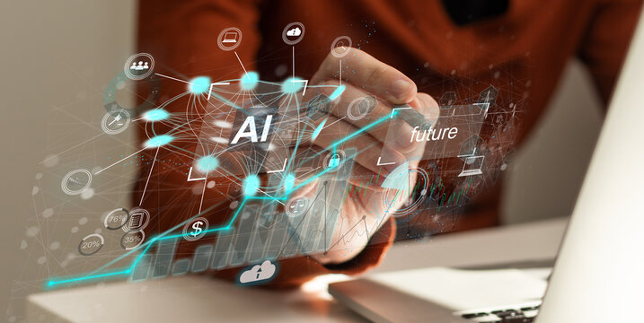 Technology and people concept man use AI to help work, AI Learning and Artificial Intelligence Concept. Business, modern technology, internet and networking concept. AI technology in everyday life. 